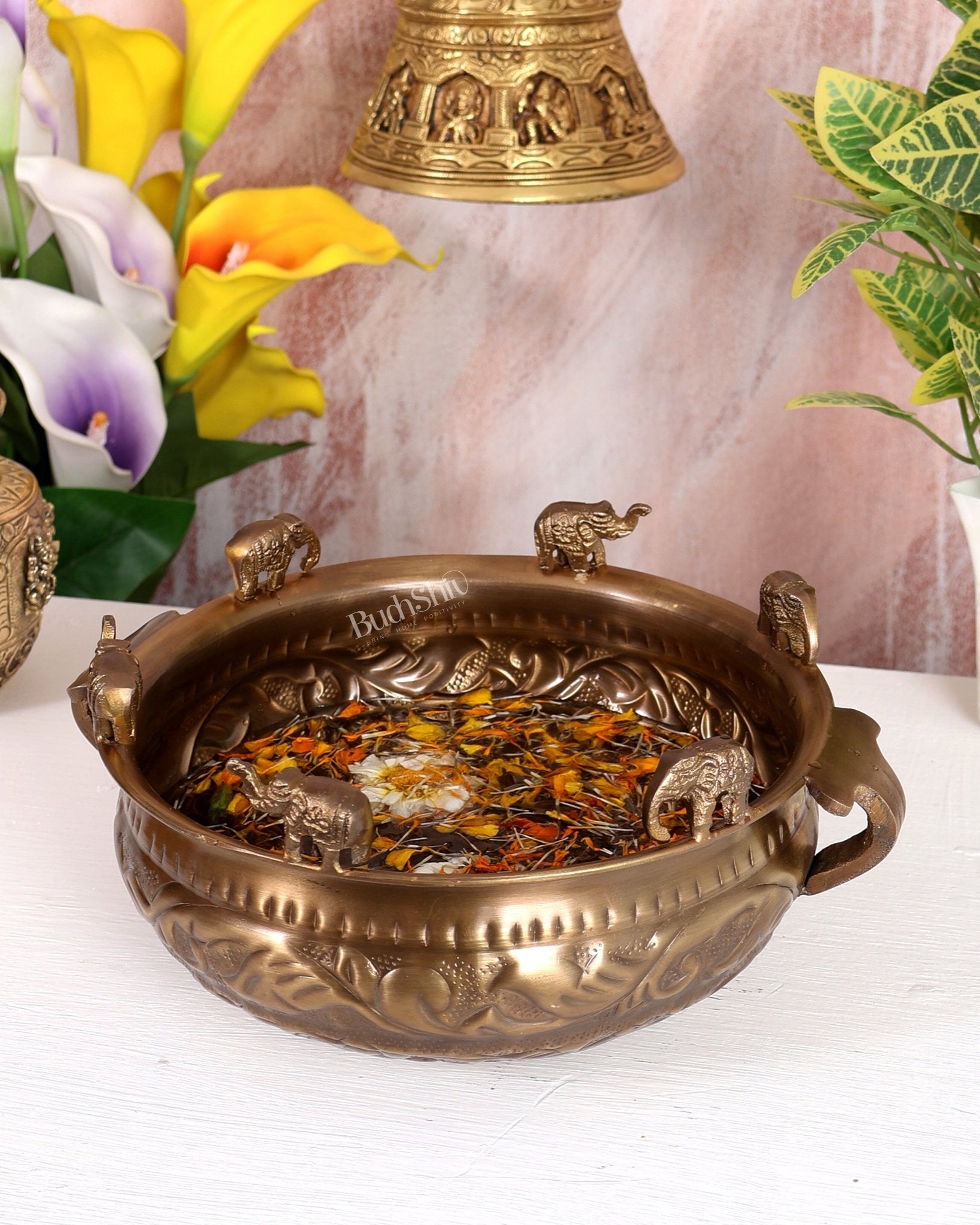 Pure Brass Urli with Elephant Motifs – Lightweight Antique Tone Decorative Bowl (9.2 Inch) - Budhshiv.com