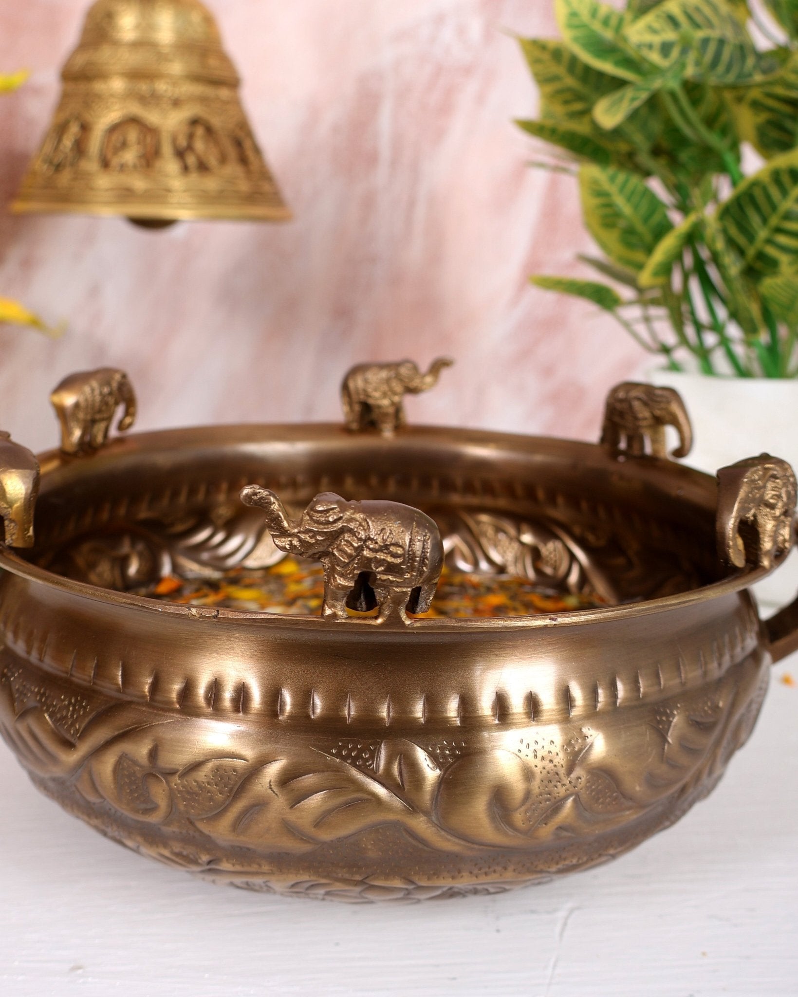 Pure Brass Urli with Elephant Motifs – Lightweight Antique Tone Decorative Bowl (9.2 Inch) - Budhshiv.com
