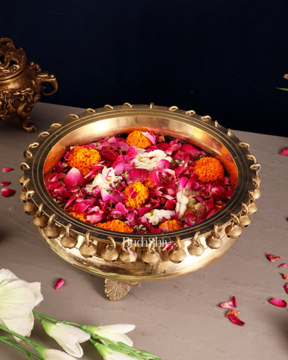 Pure Brass Urli with Stand and Ghunghroos – 10" x 10" | Traditional Décor | - Budhshiv.com