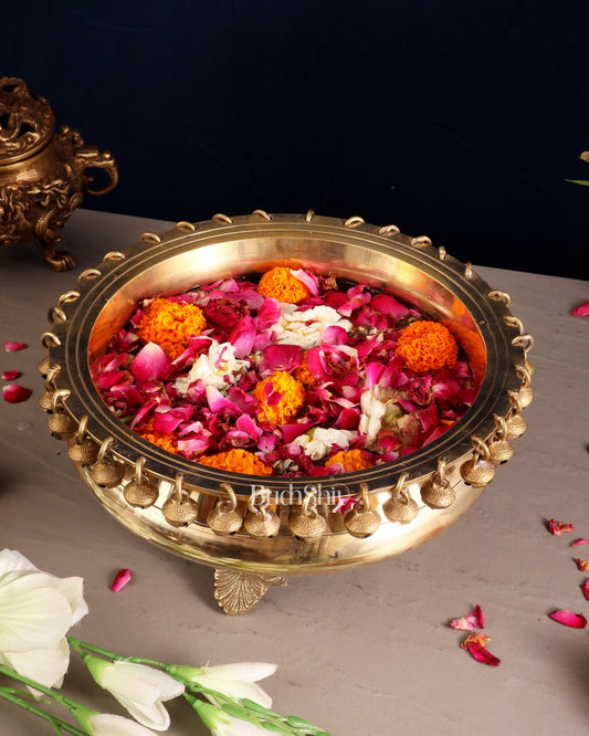 Pure Brass Urli with Stand and Ghunghroos – 10" x 10" | Traditional Décor | - Budhshiv.com