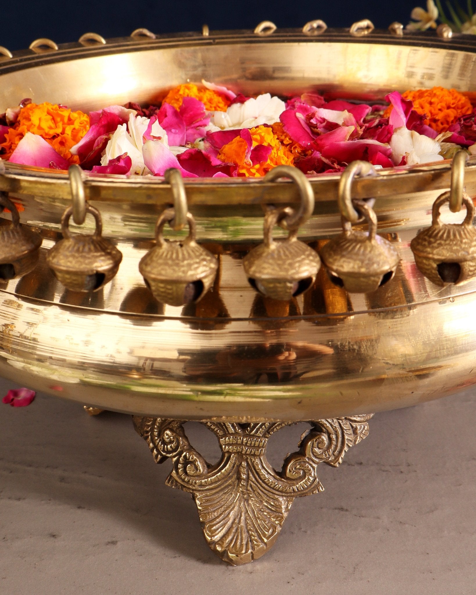 Pure Brass Urli with Stand and Ghunghroos – 10" x 10" | Traditional Décor | - Budhshiv.com