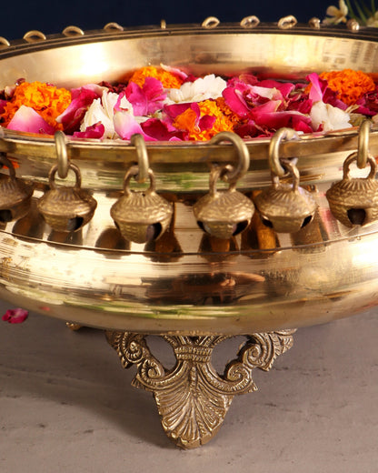 Pure Brass Urli with Stand and Ghunghroos – 10" x 10" | Traditional Décor | - Budhshiv.com