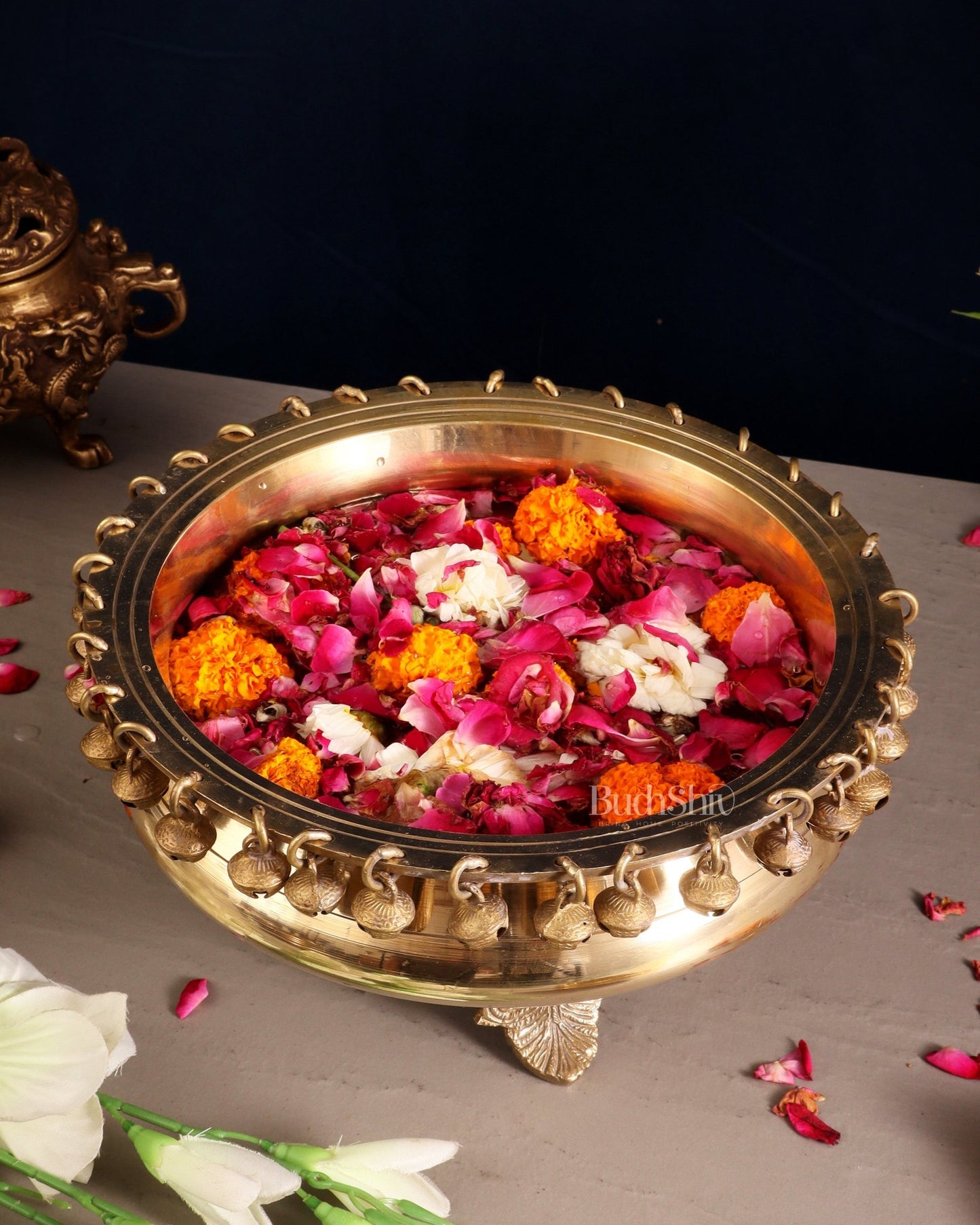 Pure Brass Urli with Stand and Ghunghroos – 10" x 10" | Traditional Décor | - Budhshiv.com