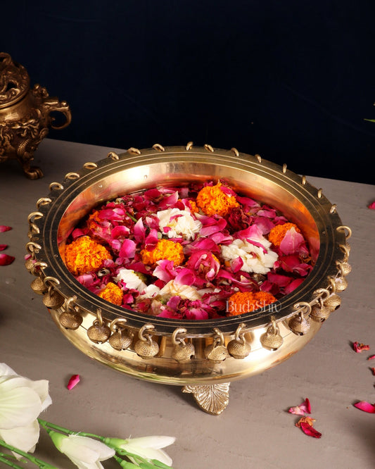 Pure Brass Urli with Stand and Ghunghroos – 10" x 10" | Traditional Décor | - Budhshiv.com