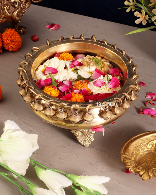 Pure Brass Urli with Stand and Ghunghroos 8" - Budhshiv.com