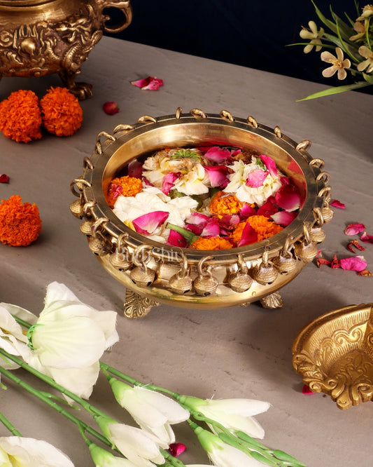 Pure Brass Urli with Stand and Ghunghroos 8" - Budhshiv.com