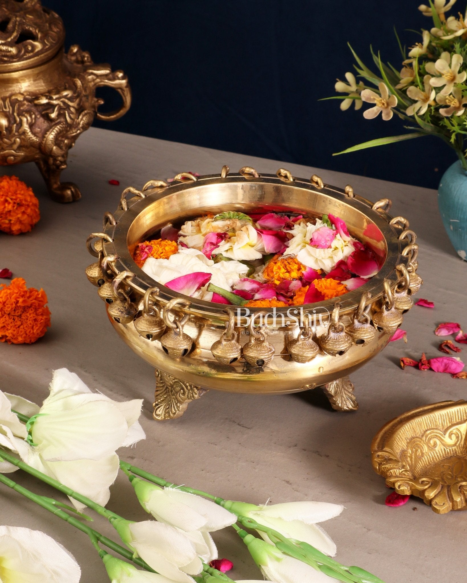 Pure Brass Urli with Stand and Ghunghroos 8" - Budhshiv.com