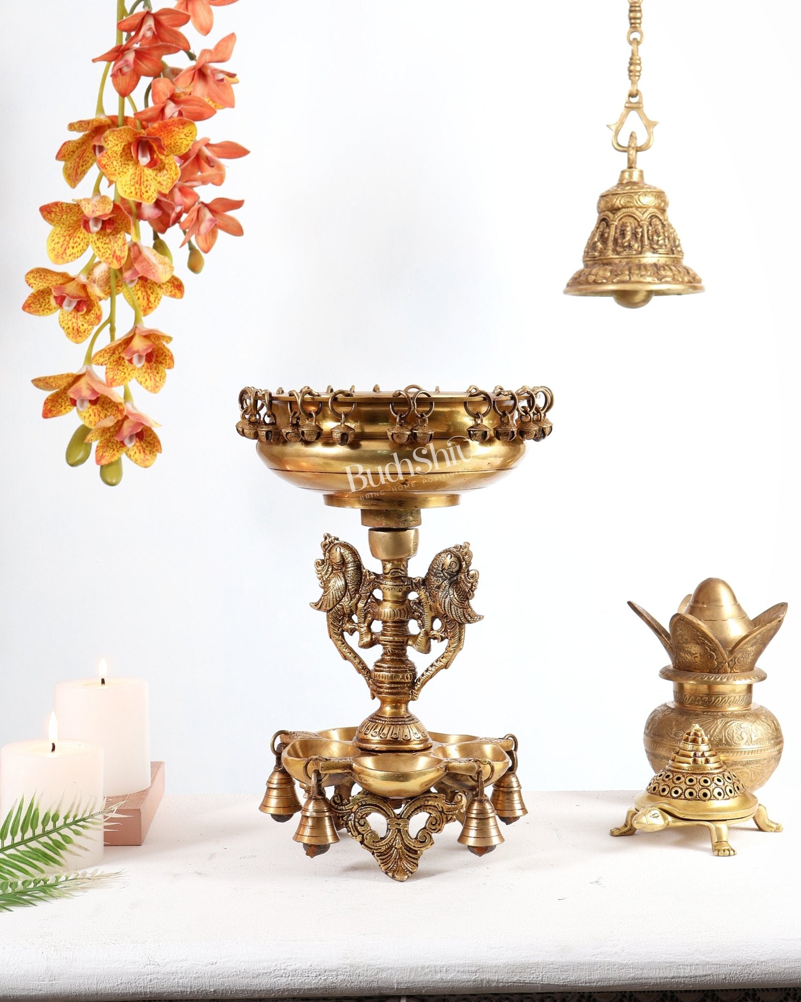 Pure Brass Urli with Stand Diyas | 13 Inch - Budhshiv.com
