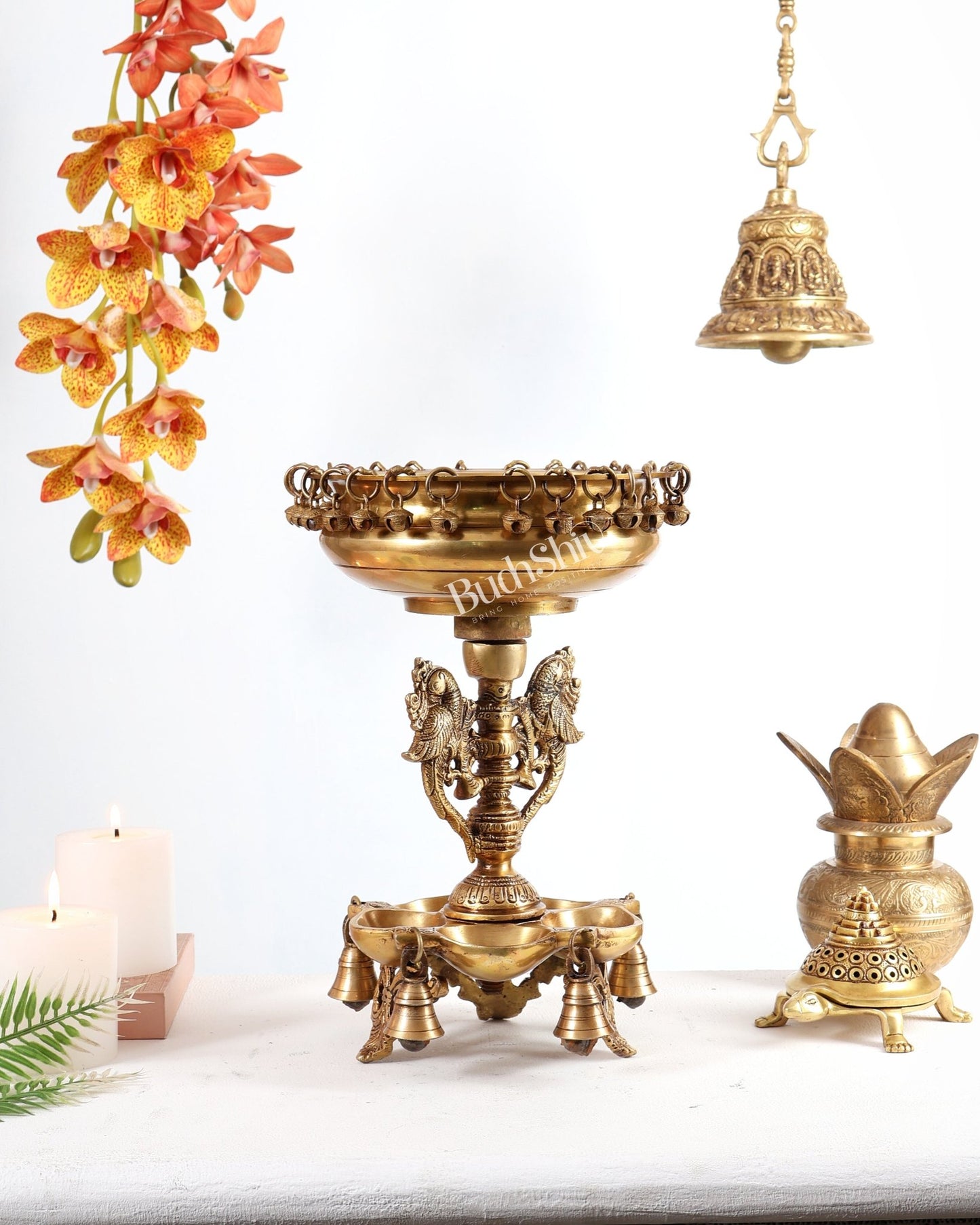 Pure Brass Urli with Stand Diyas | 13 Inch - Budhshiv.com