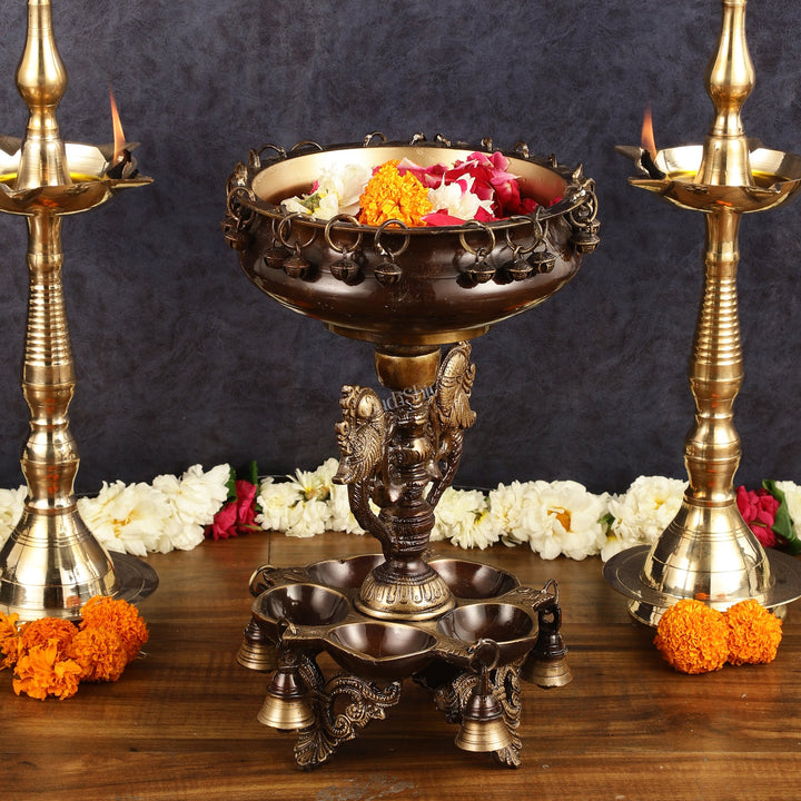 Pure Brass Urli with Stand Diyas - Antique Finish | 13 Inch - Budhshiv.com
