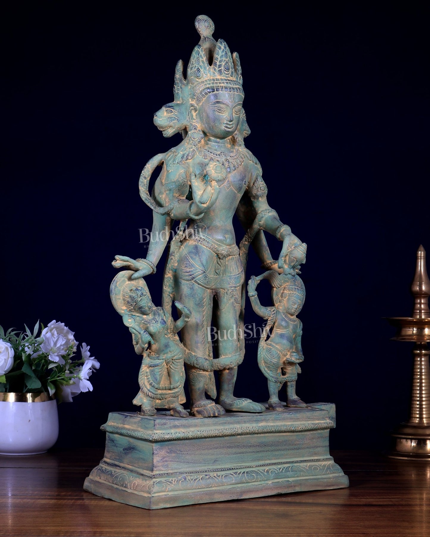 Pure Brass Vaikuntha Chaturmurti – Four - Headed Vishnu Statue 22 inch - Budhshiv.com