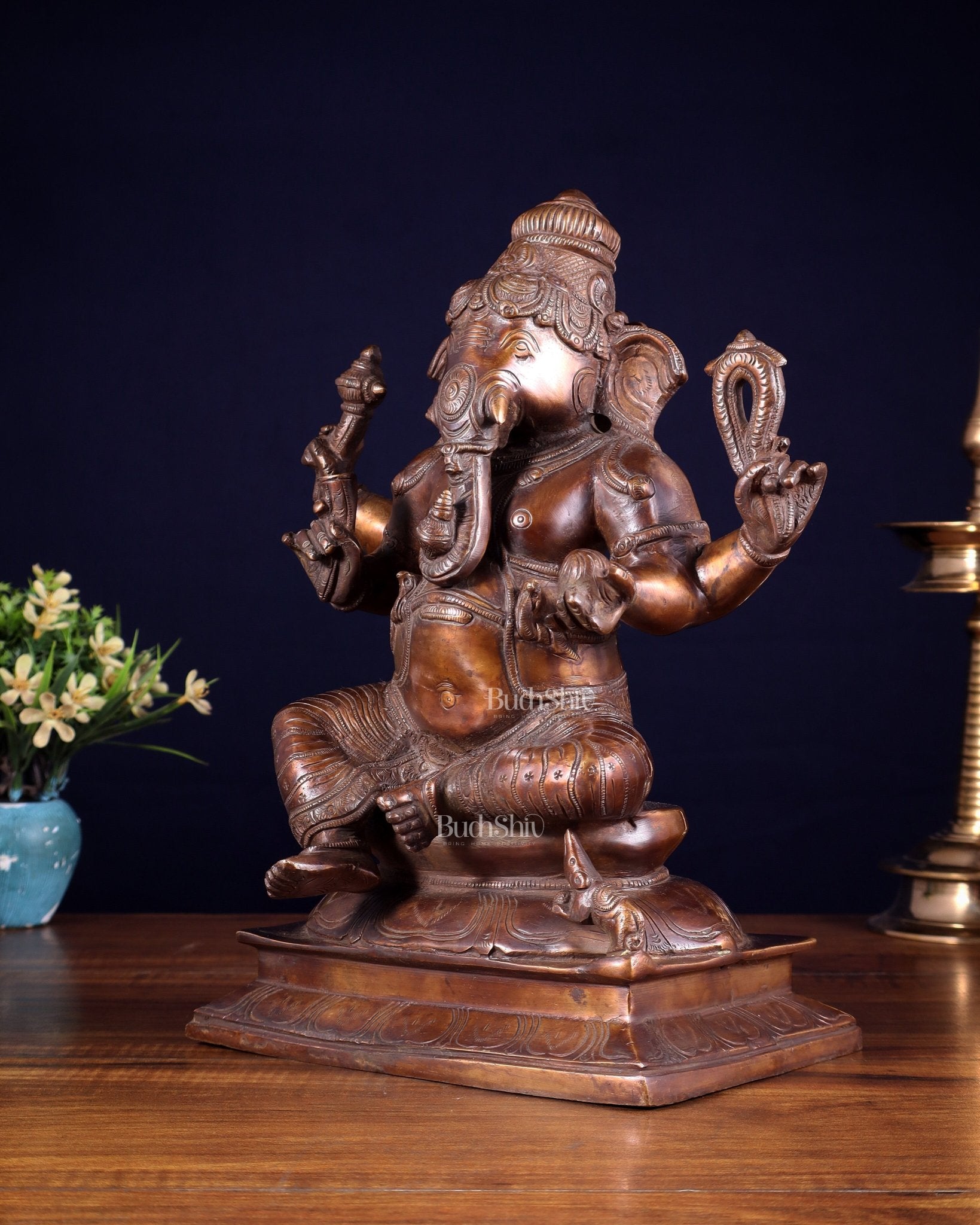 Pure Brass Valampuri Ganesha with Right Trunk – Chola Style, 12 Inch - Budhshiv.com