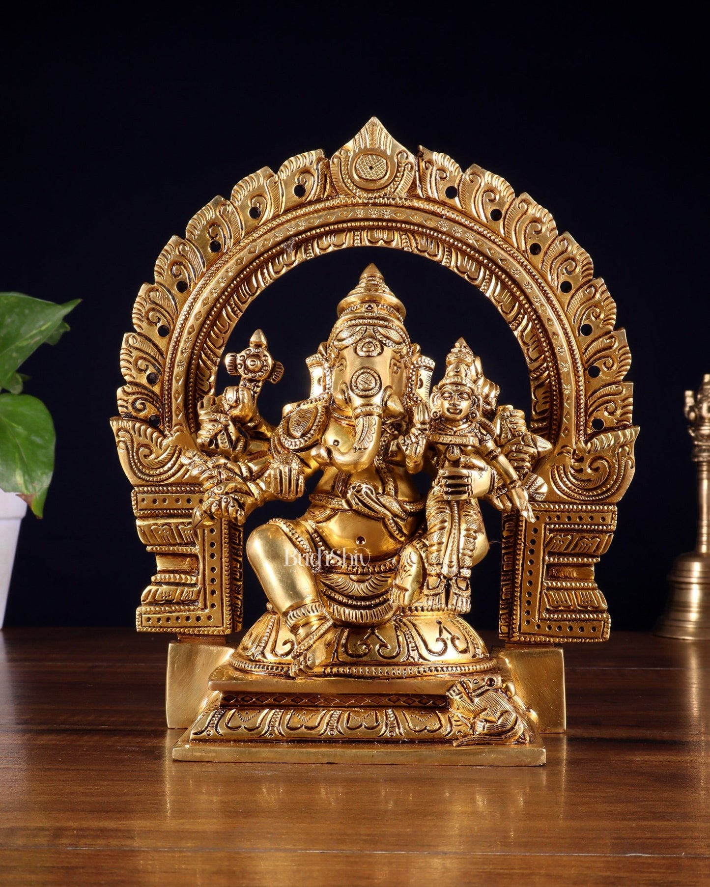 Pure Brass Vallabha Ganesha Mahaganapati Idol with Prabhavali 8.5 inch - Budhshiv.com