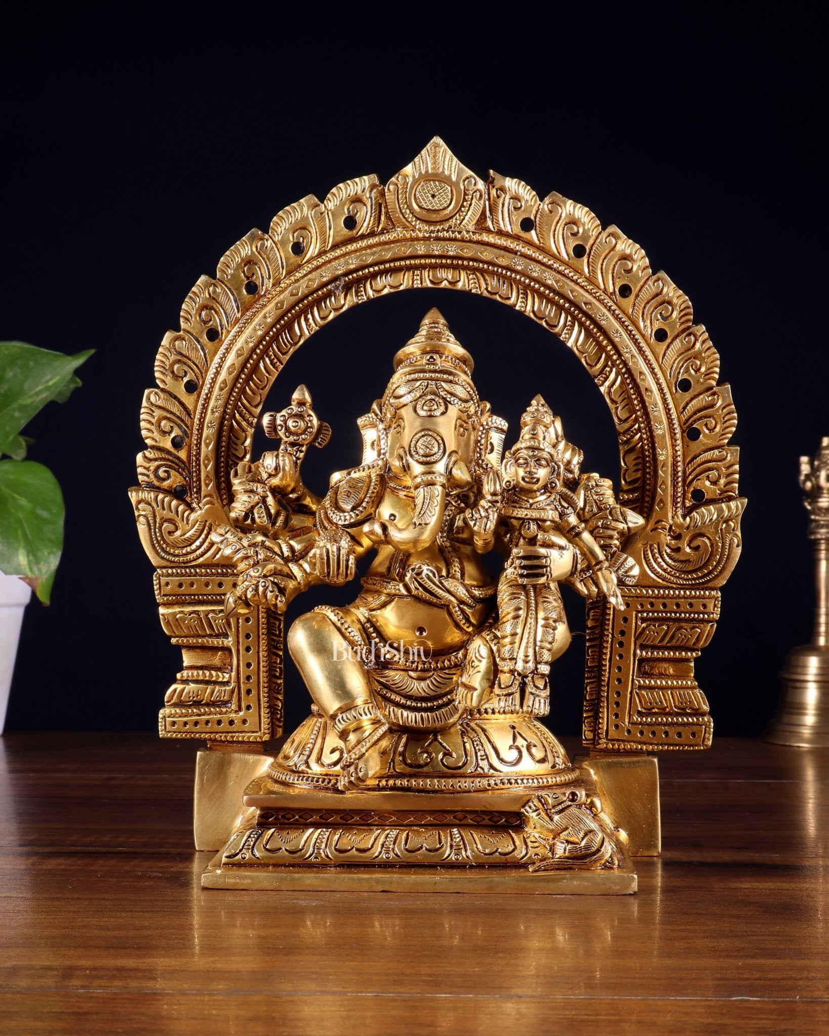 Pure Brass Vallabha Ganesha Mahaganapati Idol with Prabhavali 8.5 inch - Budhshiv.com