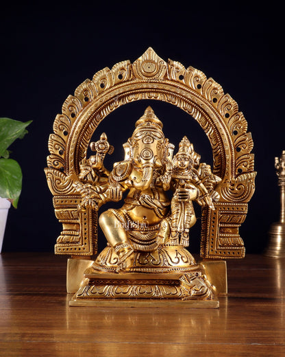 Pure Brass Vallabha Ganesha Mahaganapati Idol with Prabhavali 8.5 inch - Budhshiv.com