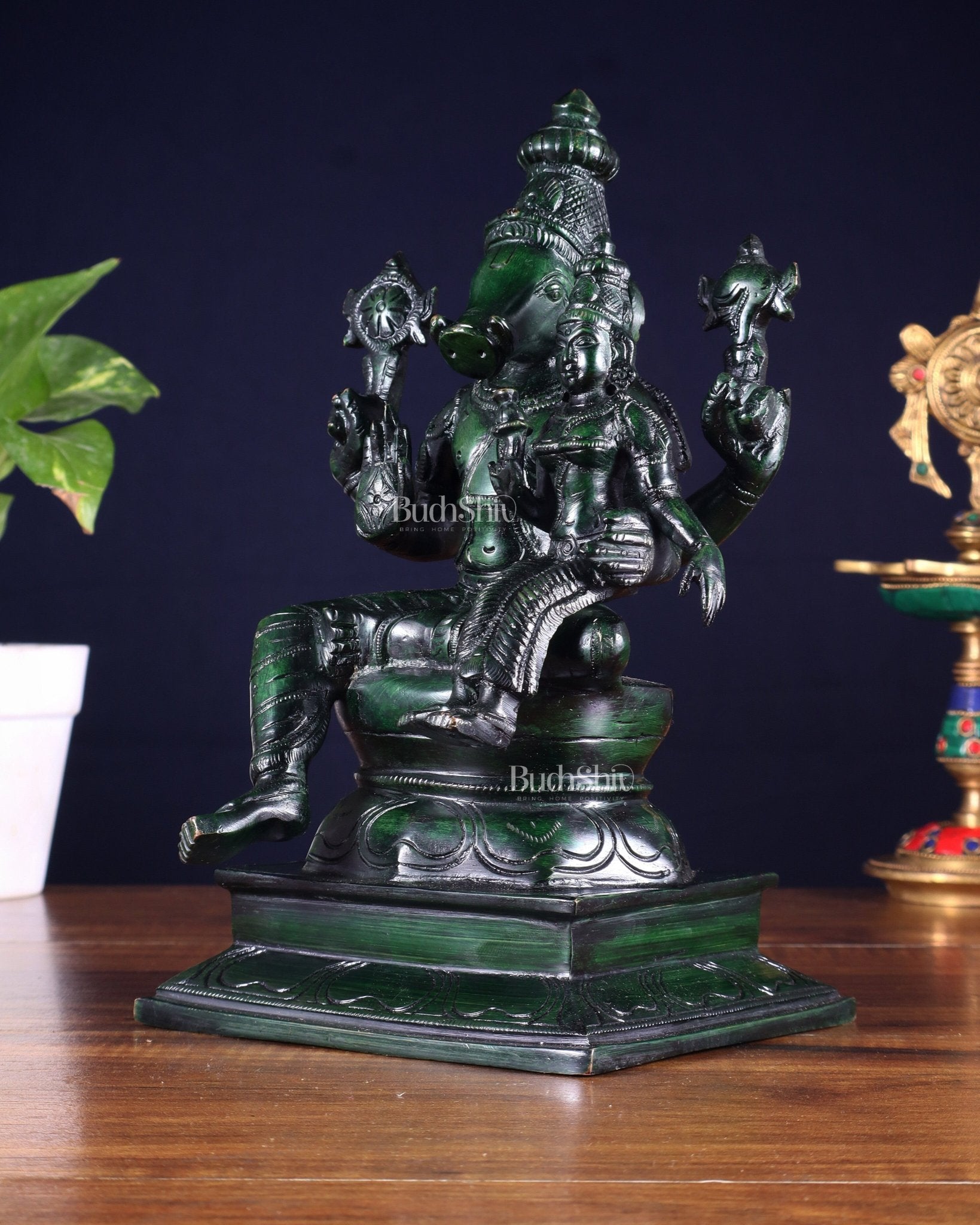 Pure Brass Varaha Lakshmi Statue – Agate green Tone 9.5" - Budhshiv.com