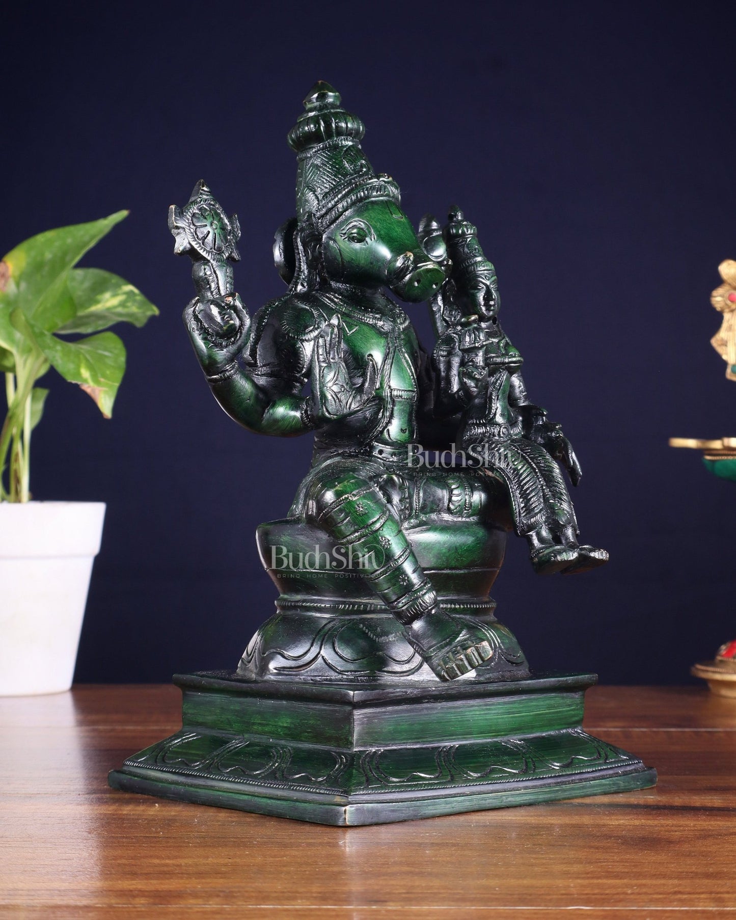 Pure Brass Varaha Lakshmi Statue – Agate green Tone 9.5" - Budhshiv.com