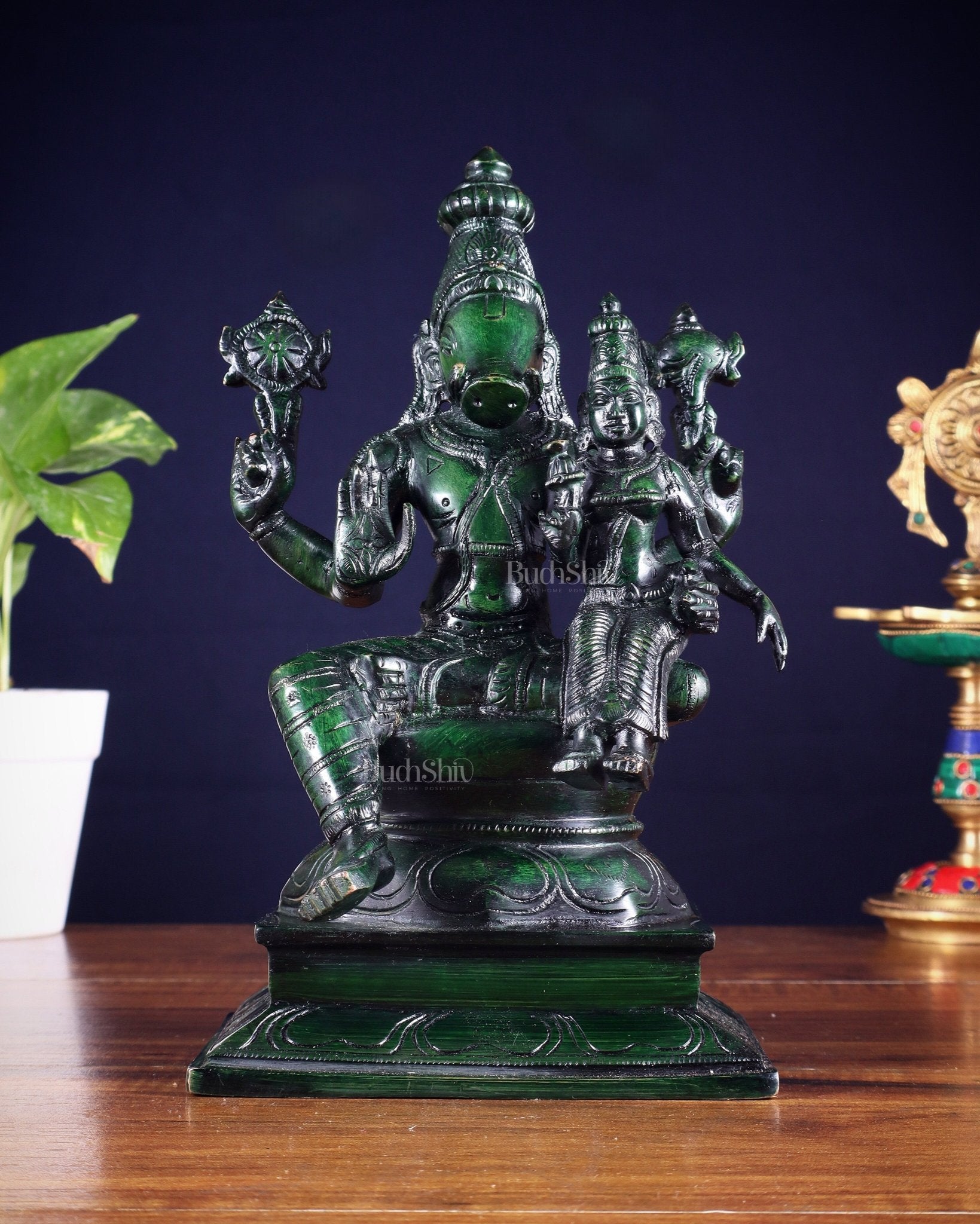 Pure Brass Varaha Lakshmi Statue – Agate green Tone 9.5" - Budhshiv.com