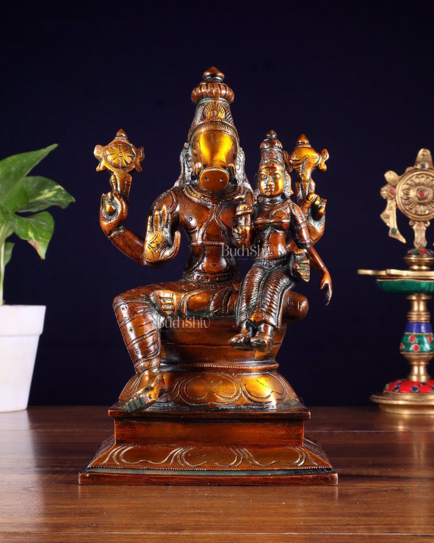 Pure Brass Varaha Lakshmi Statue – Antique Chola Tone 9.5" - Budhshiv.com