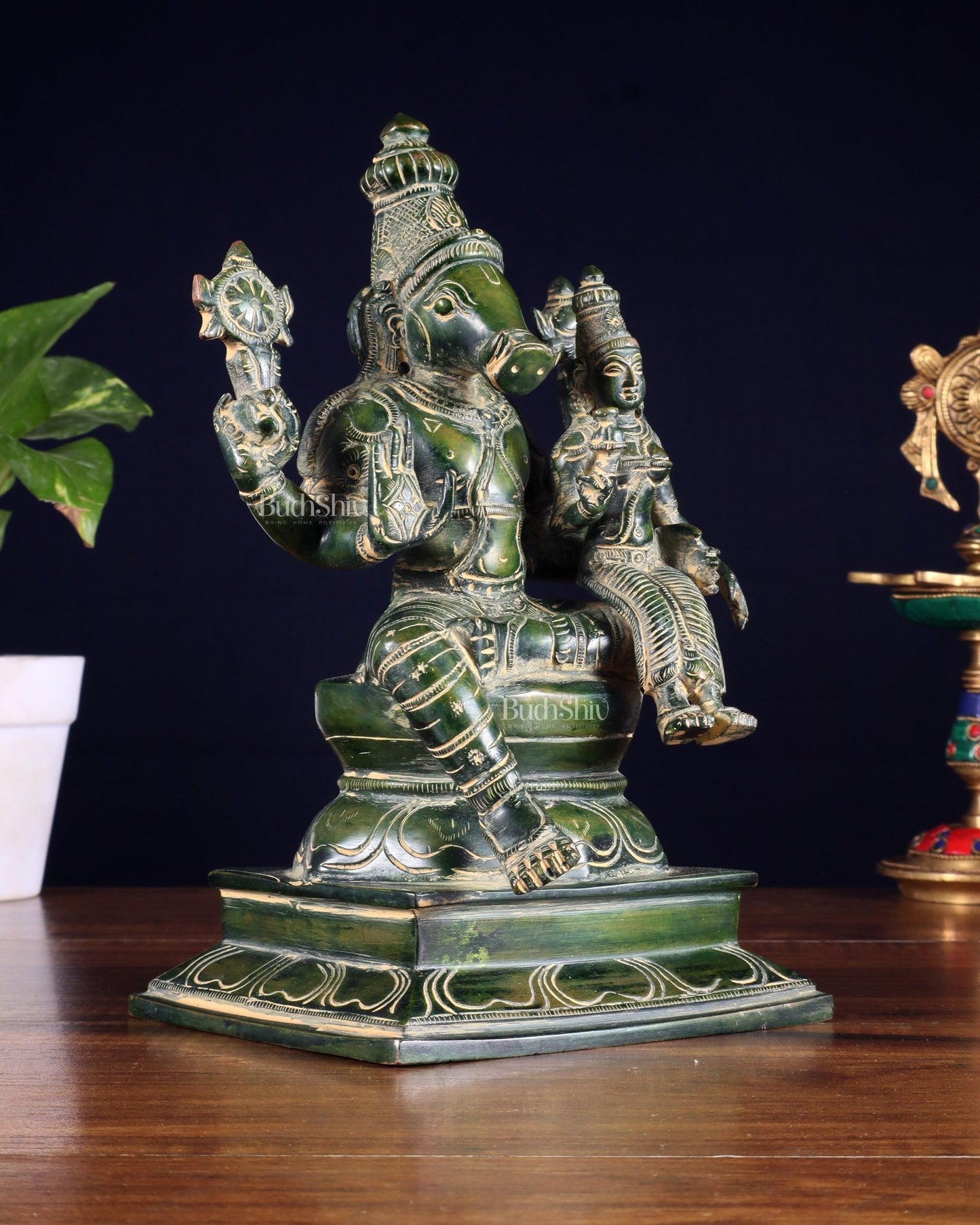 Pure Brass Varaha Lakshmi Statue – Antique Green Tone 9.5" - Budhshiv.com