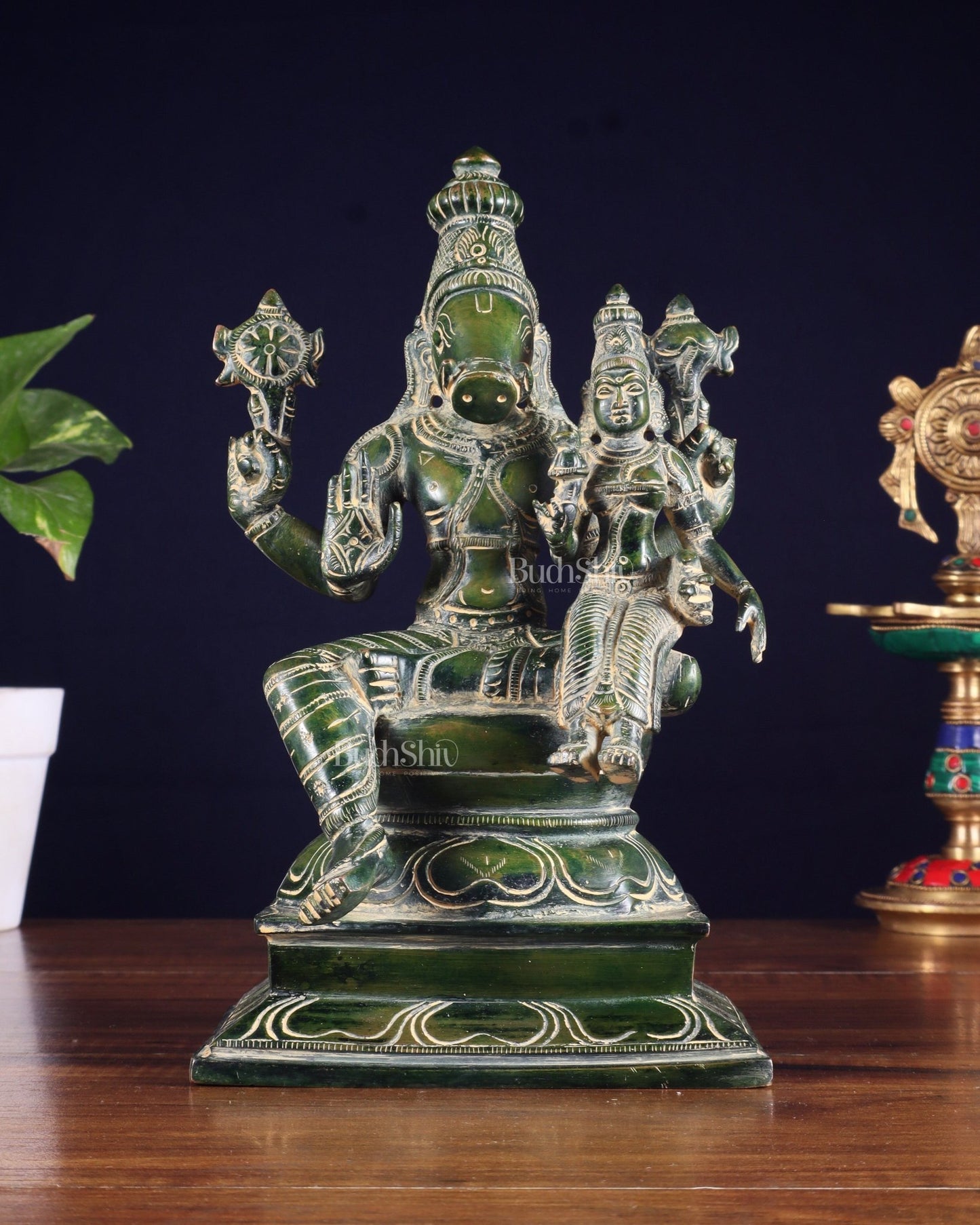 Pure Brass Varaha Lakshmi Statue – Antique Green Tone 9.5" - Budhshiv.com