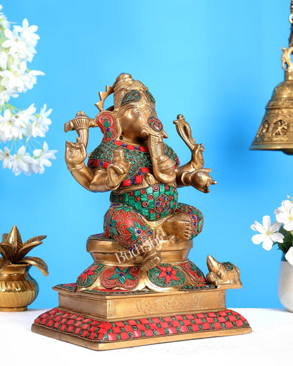 Pure Brass Vinayaka Ganapati Statue – Right Trunk valampuri | Intricate Floral Stonework (13 Inch) - Budhshiv.com