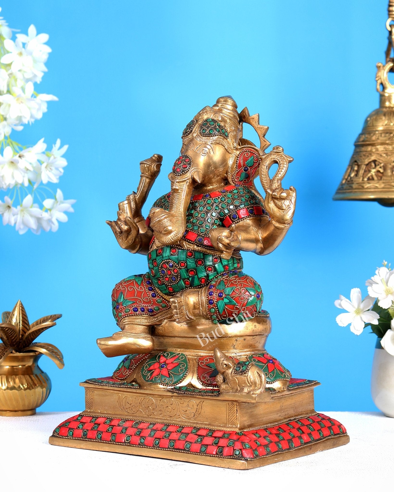 Pure Brass Vinayaka Ganapati Statue – Right Trunk valampuri | Intricate Floral Stonework (13 Inch) - Budhshiv.com