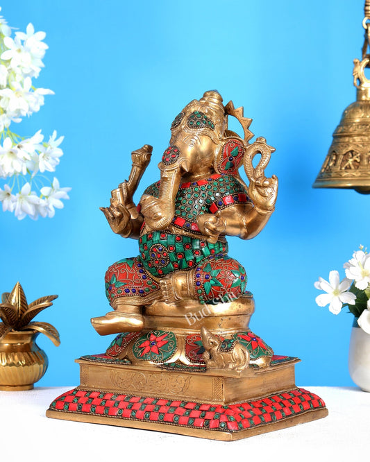 Pure Brass Vinayaka Ganapati Statue – Right Trunk valampuri | Intricate Floral Stonework (13 Inch) - Budhshiv.com
