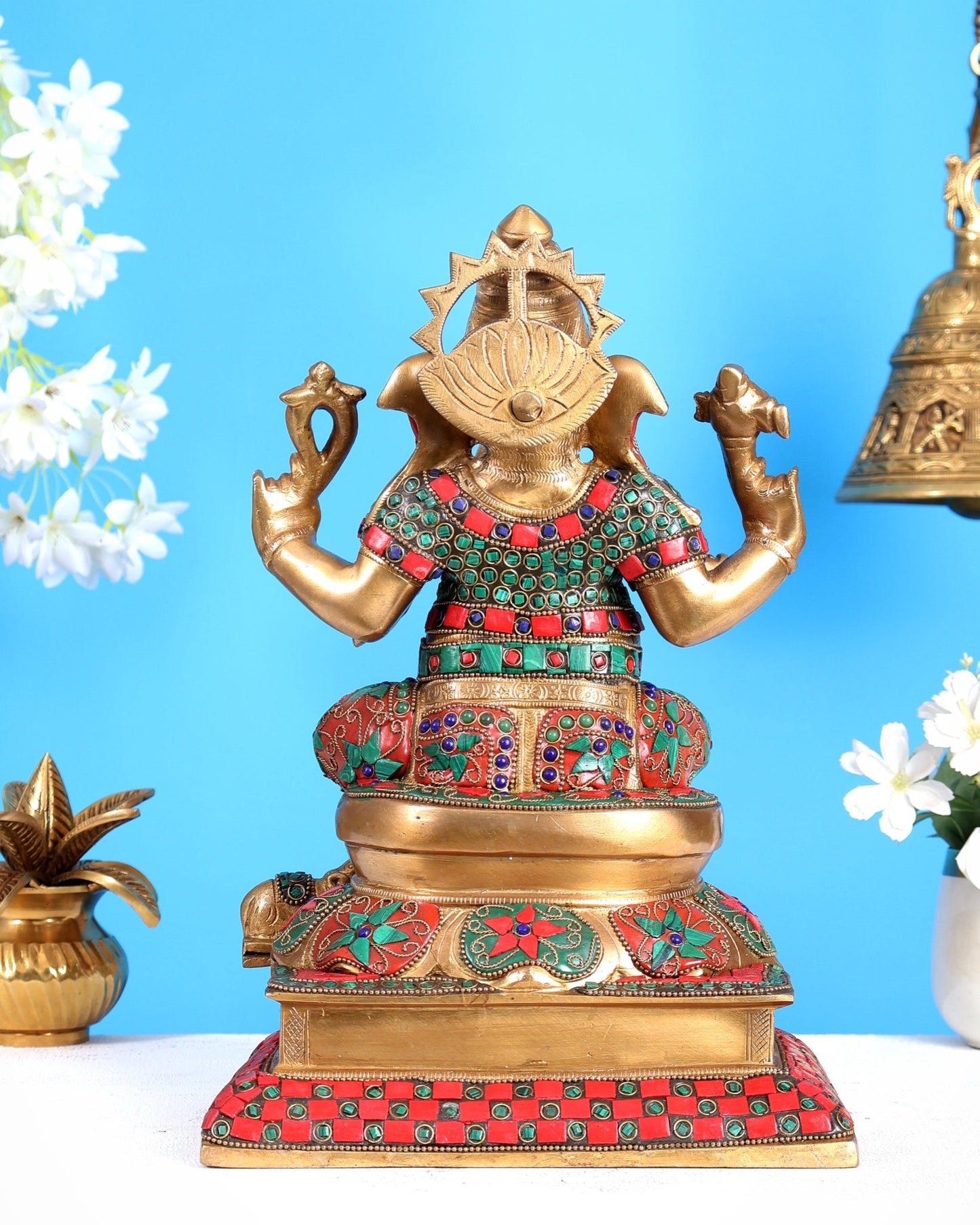 Pure Brass Vinayaka Ganapati Statue – Right Trunk valampuri | Intricate Floral Stonework (13 Inch) - Budhshiv.com