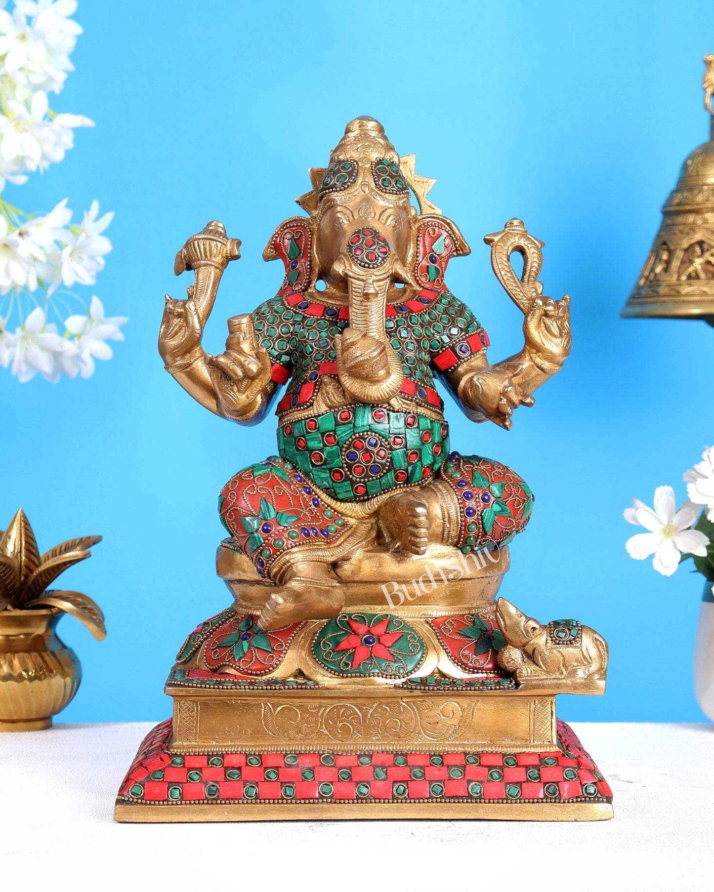 Pure Brass Vinayaka Ganapati Statue – Right Trunk valampuri | Intricate Floral Stonework (13 Inch) - Budhshiv.com