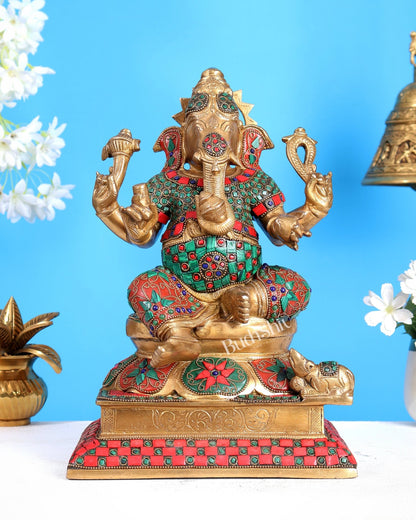 Pure Brass Vinayaka Ganapati Statue – Right Trunk valampuri | Intricate Floral Stonework (13 Inch) - Budhshiv.com