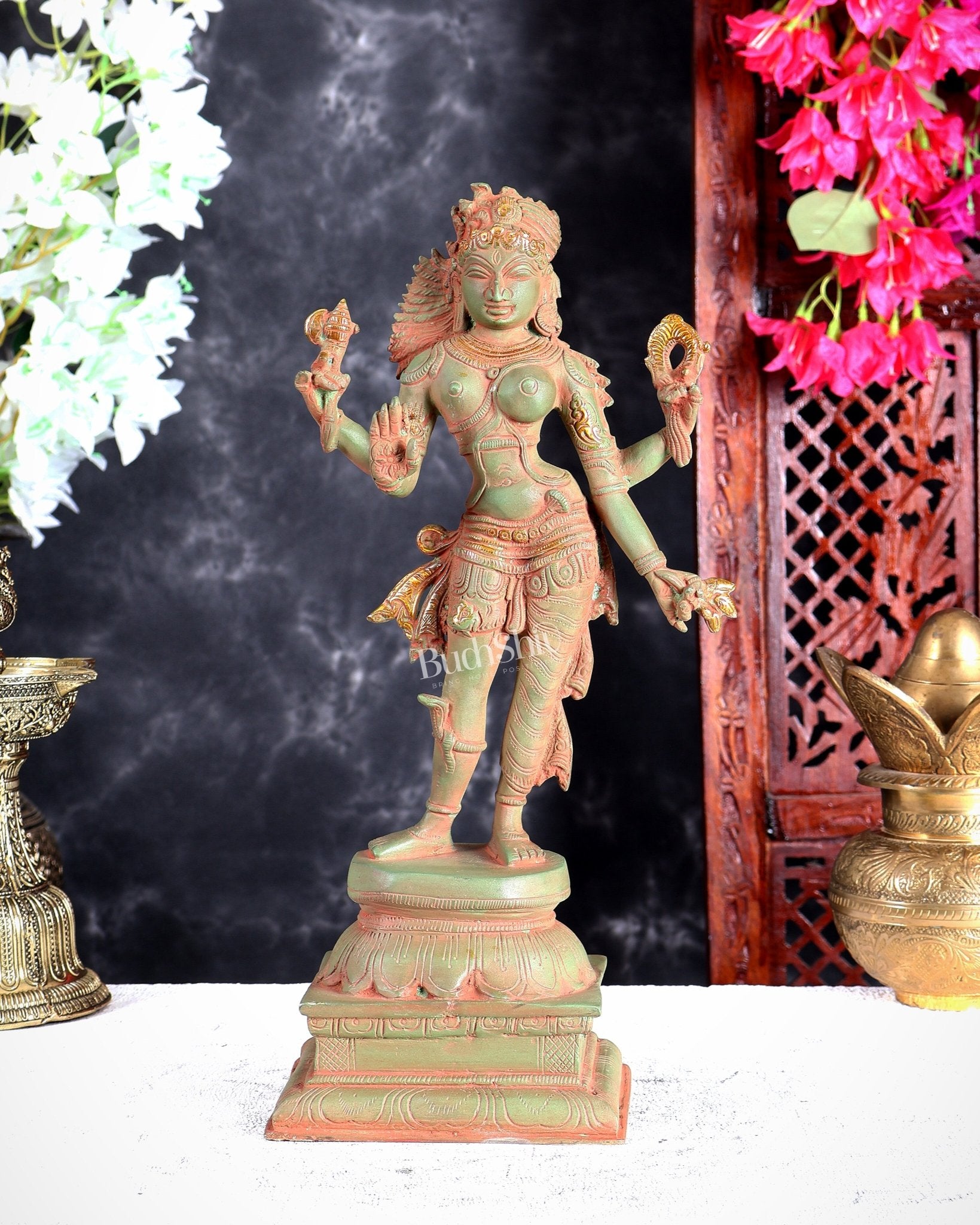 Pure Brass vintage Ardhanarishwara idol 13.5" Green sand patina tone - Budhshiv.com