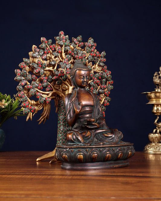 Pure Brass Vintage Buddha with Colorful Kalpavriksha Tree – 11" - Budhshiv.com