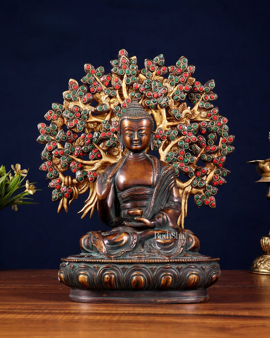 Pure Brass Vintage Buddha with Colorful Kalpavriksha Tree – 11" - Budhshiv.com