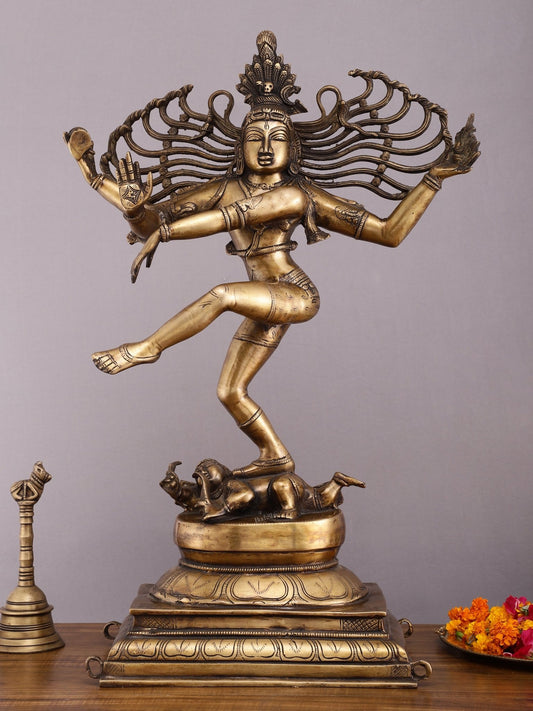Pure Brass Vintage Dancing Shiva Sculpture - 28.5 Inch - Budhshiv.com