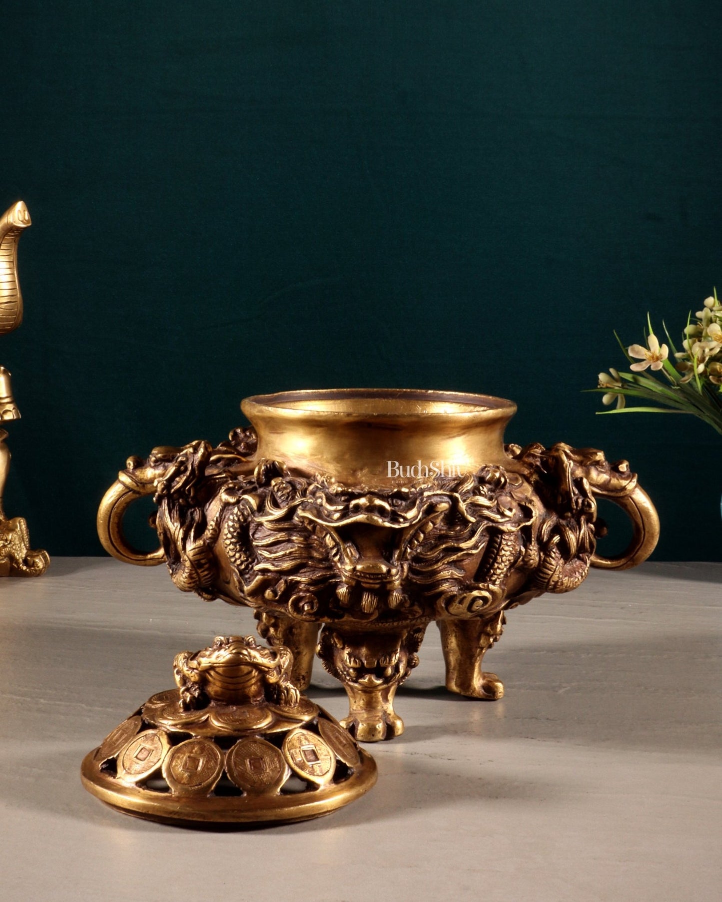 Pure Brass Vintage Dhoop Burner with Buddhist Dragon Carvings 6" - Budhshiv.com