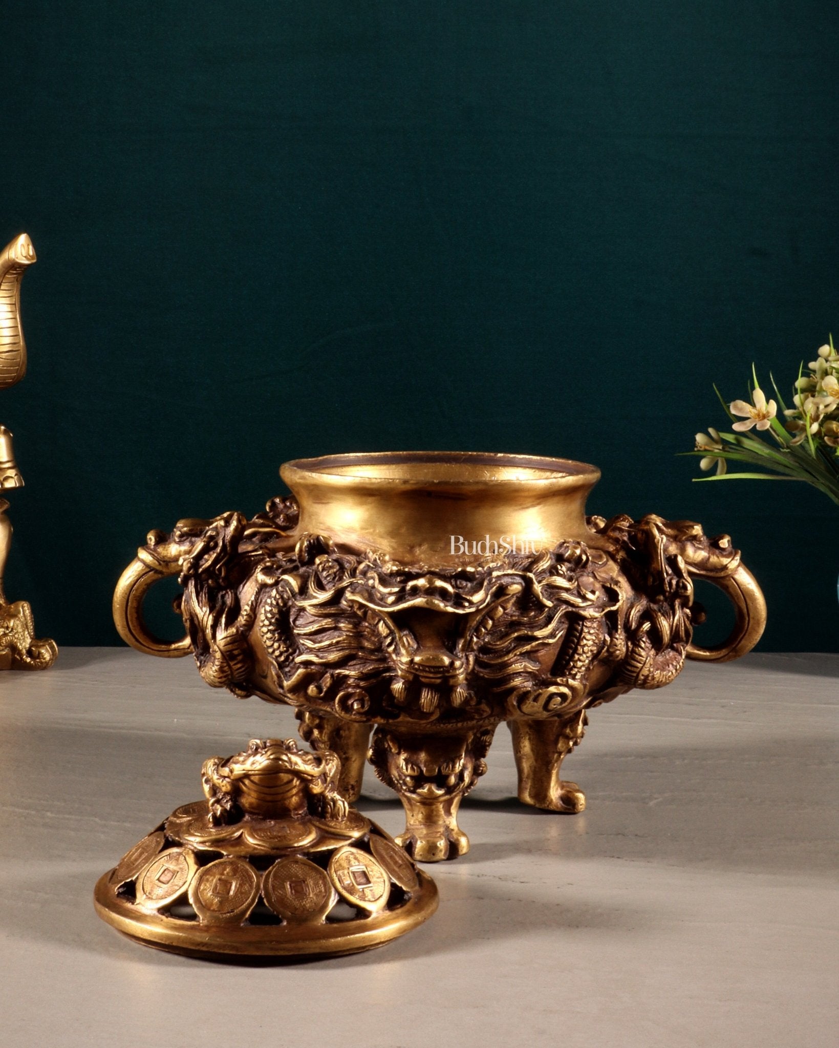 Pure Brass Vintage Dhoop Burner with Buddhist Dragon Carvings 6" - Budhshiv.com