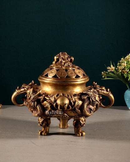 Pure Brass Vintage Dhoop Burner with Buddhist Dragon Carvings 6" - Budhshiv.com