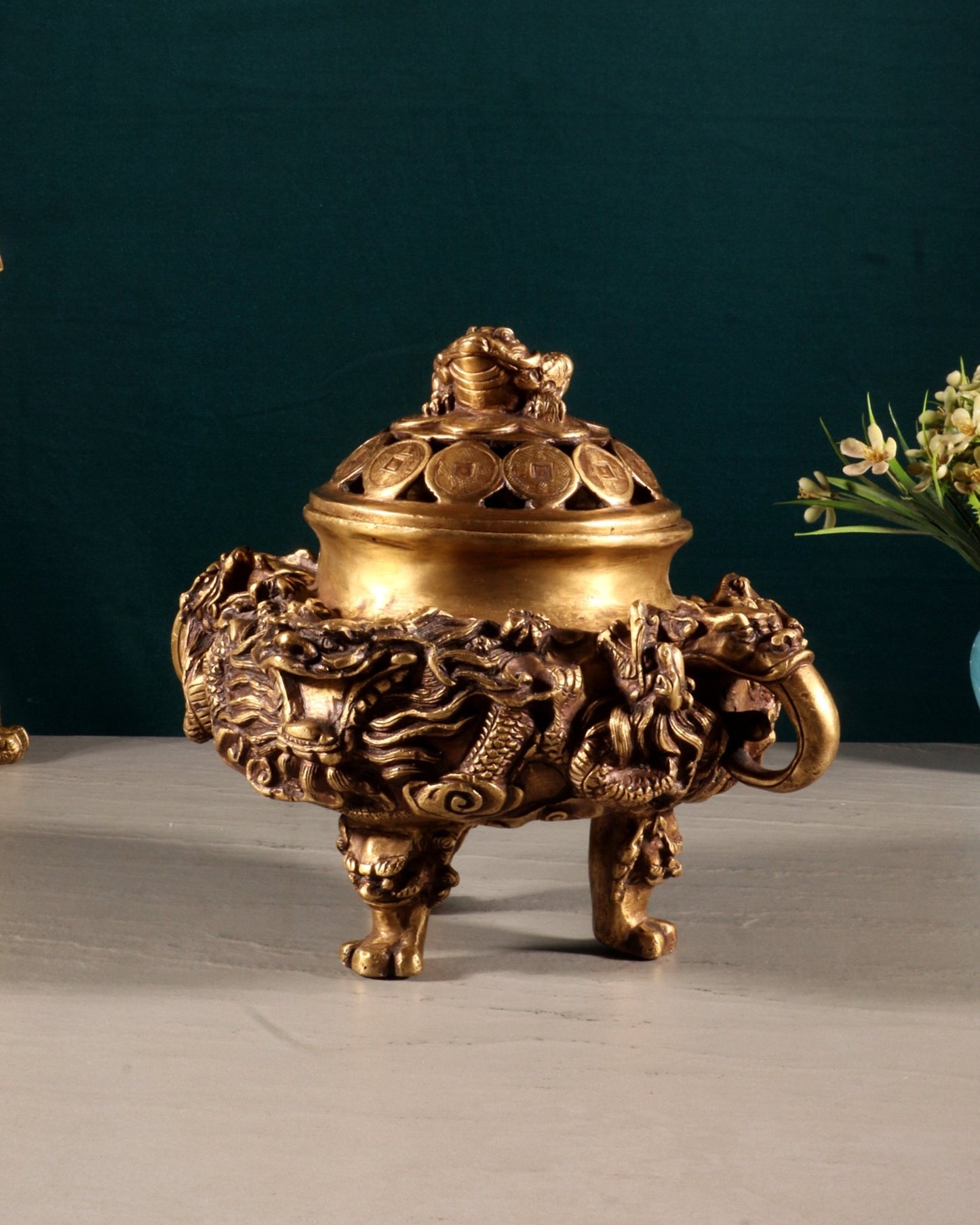 Pure Brass Vintage Dhoop Burner with Buddhist Dragon Carvings 6" - Budhshiv.com