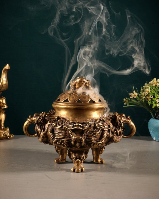 Pure Brass Vintage Dhoop Burner with Buddhist Dragon Carvings 6" - Budhshiv.com