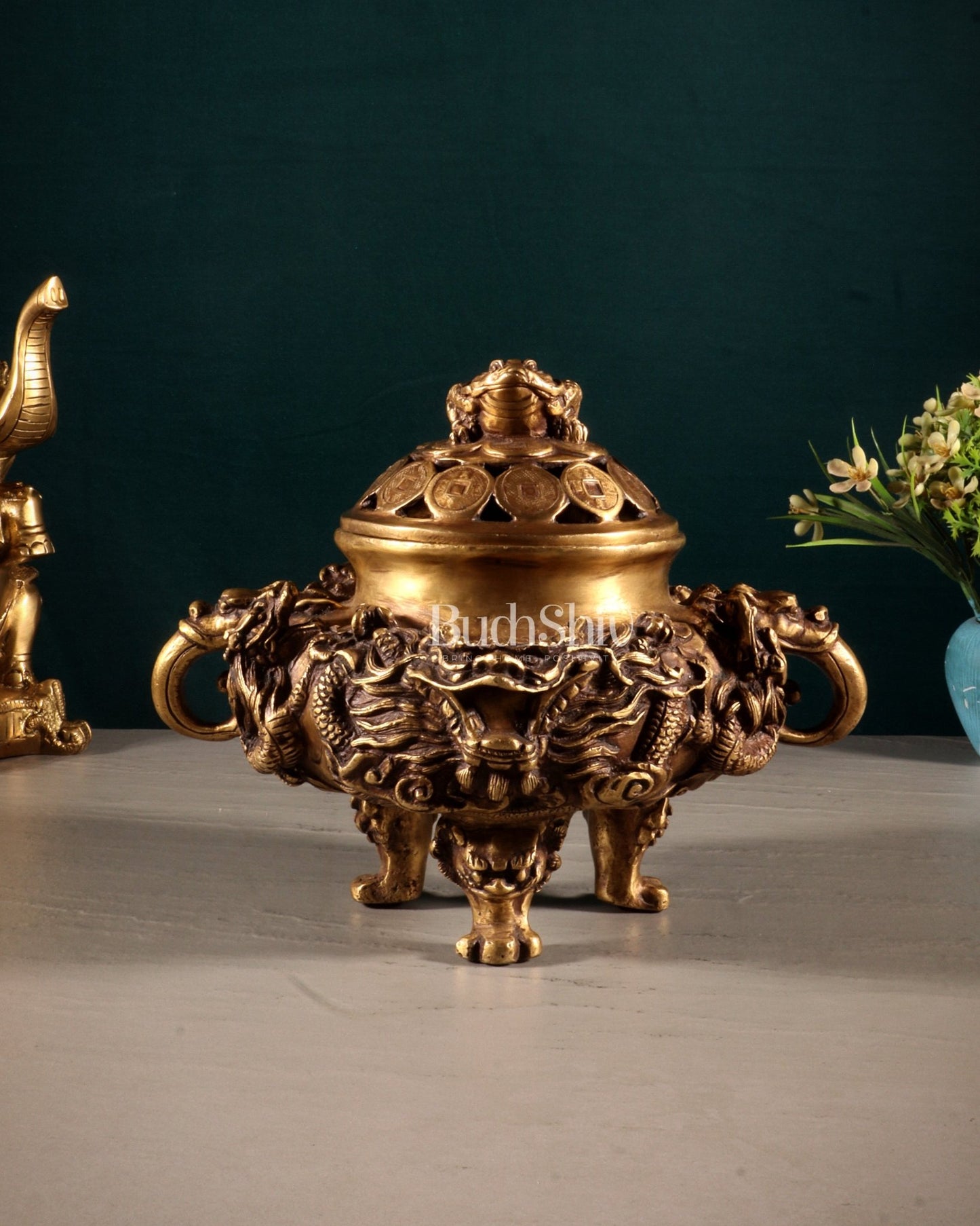 Pure Brass Vintage Dhoop Burner with Buddhist Dragon Carvings 6" - Budhshiv.com