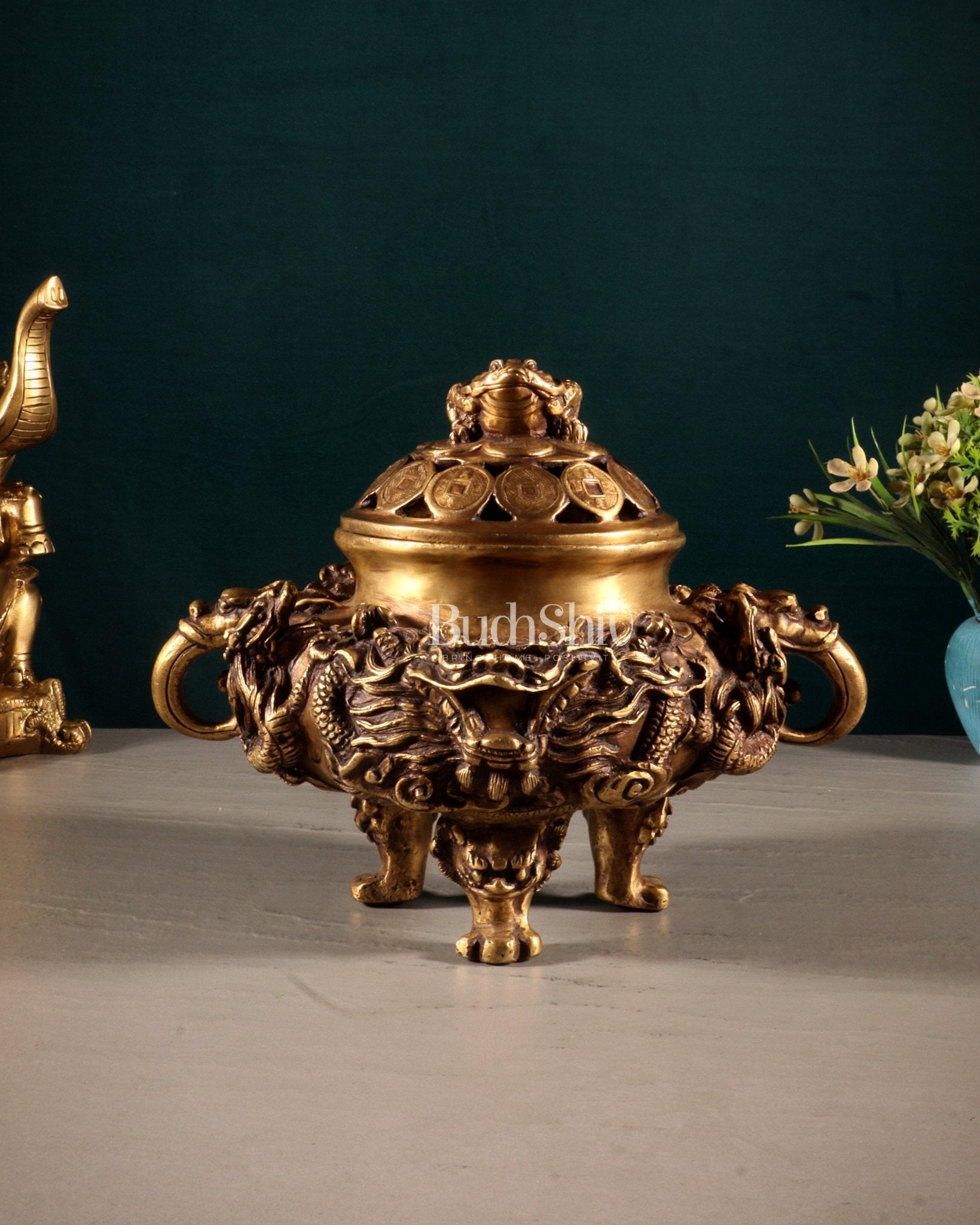 Pure Brass Vintage Dhoop Burner with Buddhist Dragon Carvings 6" - Budhshiv.com