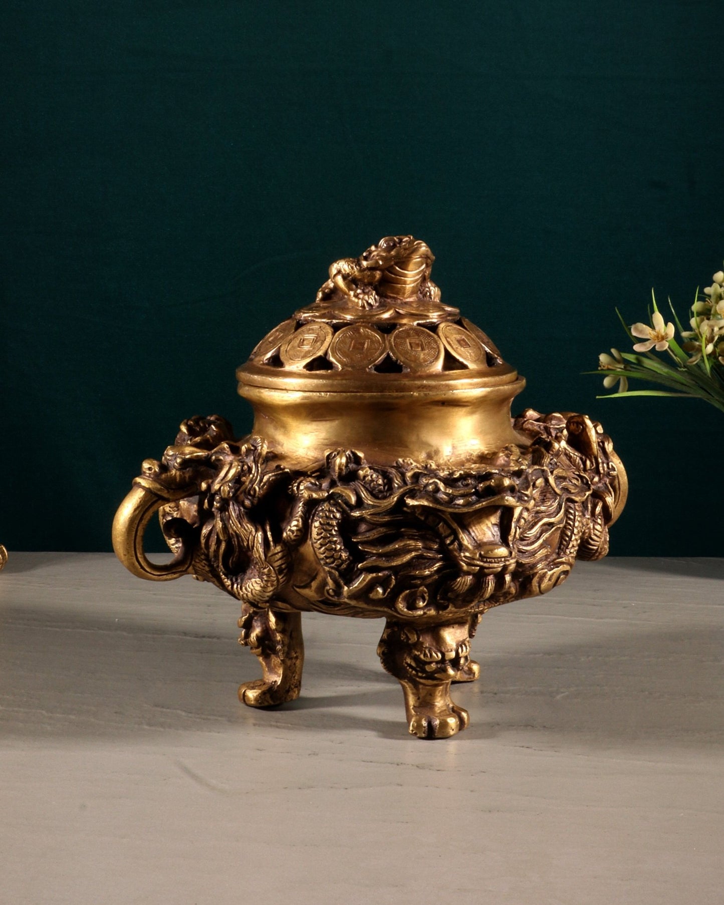 Pure Brass Vintage Dhoop Burner with Buddhist Dragon Carvings 6" - Budhshiv.com