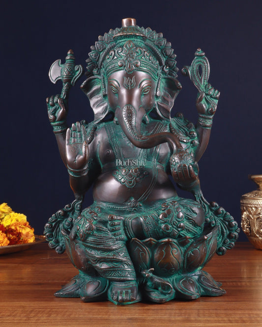 Pure Brass vintage Ganesha Idol with bronze finish 12" - Budhshiv.com