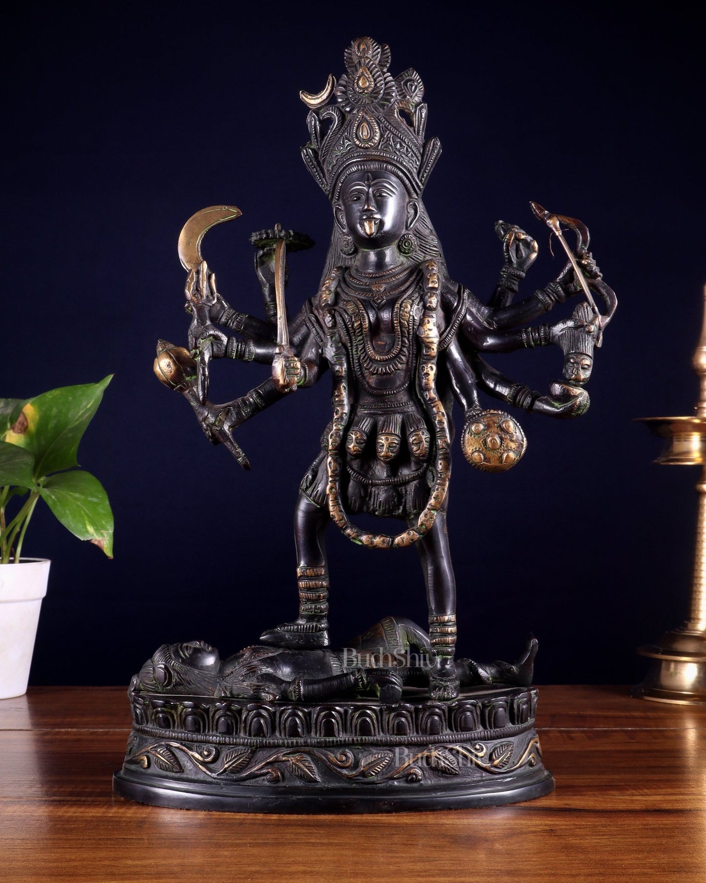 Pure Brass Vintage Goddess Kali Dashbhuja Idol | 14 inch" black edition - Budhshiv.com