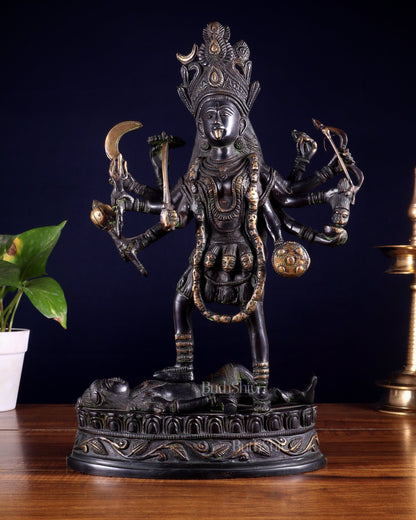Pure Brass Vintage Goddess Kali Dashbhuja Idol | 14 inch" black edition - Budhshiv.com