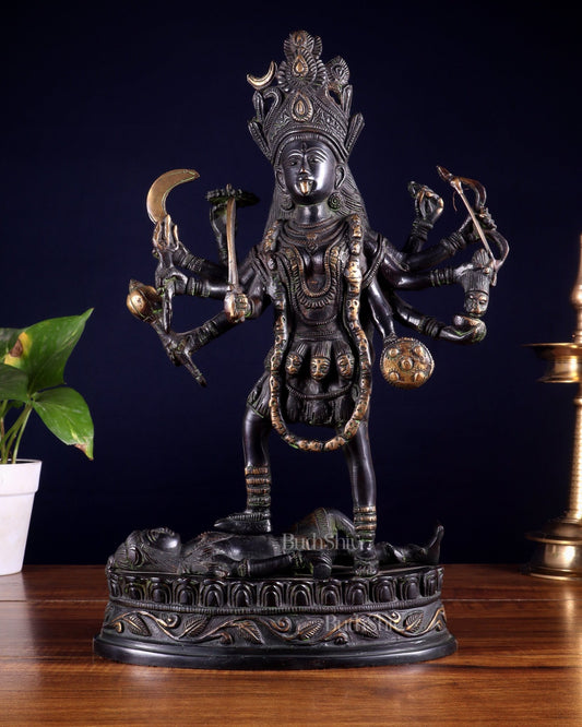 Pure Brass Vintage Goddess Kali Dashbhuja Idol | 14 inch" black edition - Budhshiv.com