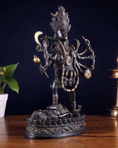 Pure Brass Vintage Goddess Kali Dashbhuja Idol | 14 inch" black edition - Budhshiv.com