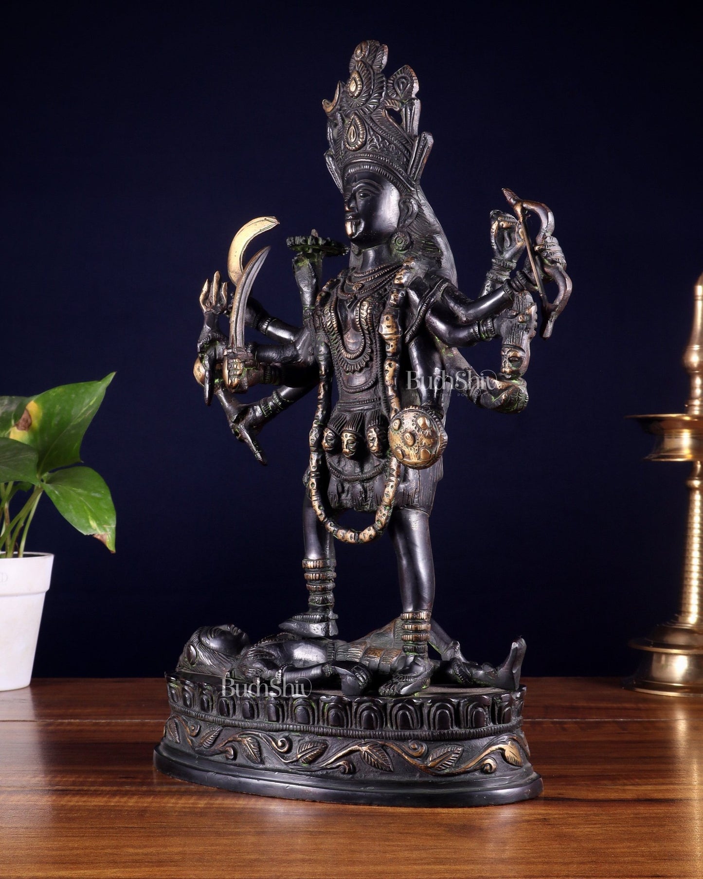 Pure Brass Vintage Goddess Kali Dashbhuja Idol | 14 inch" black edition - Budhshiv.com