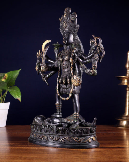 Pure Brass Vintage Goddess Kali Dashbhuja Idol | 14 inch" black edition - Budhshiv.com